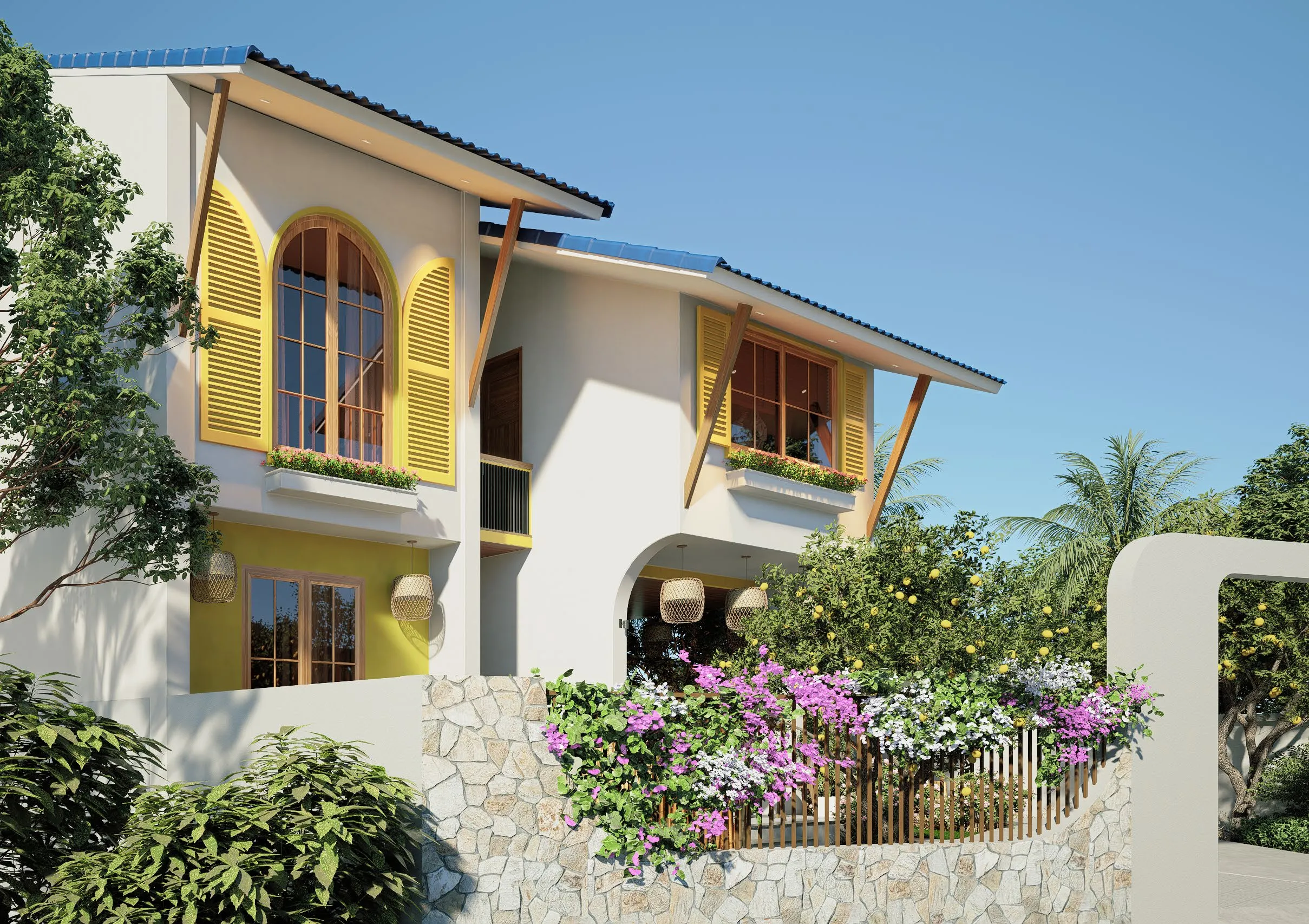 Arched shutters and cobalt roof tile