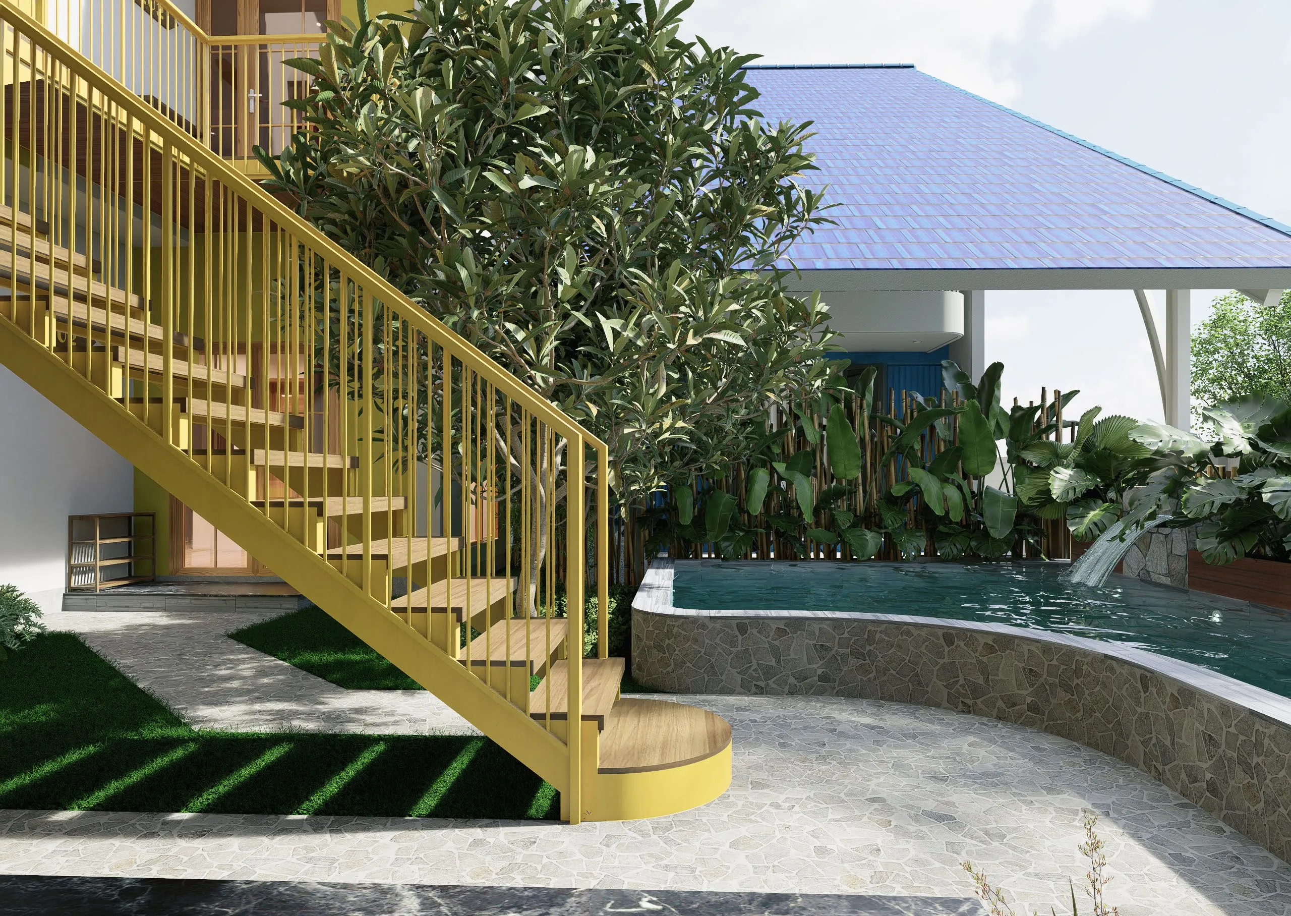The pool, the garden, the pavilion