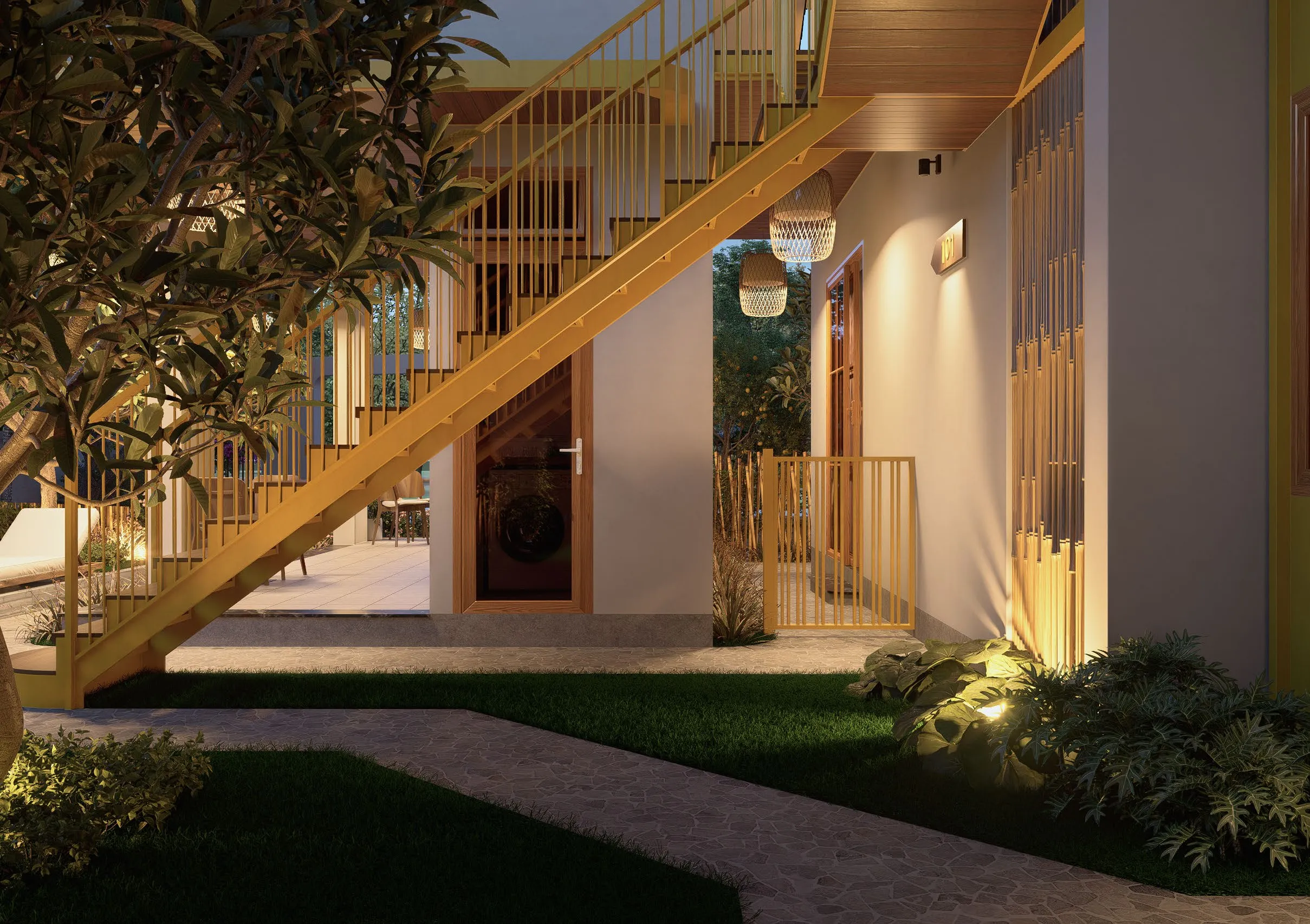 Lit walkway to the ground-floor doors